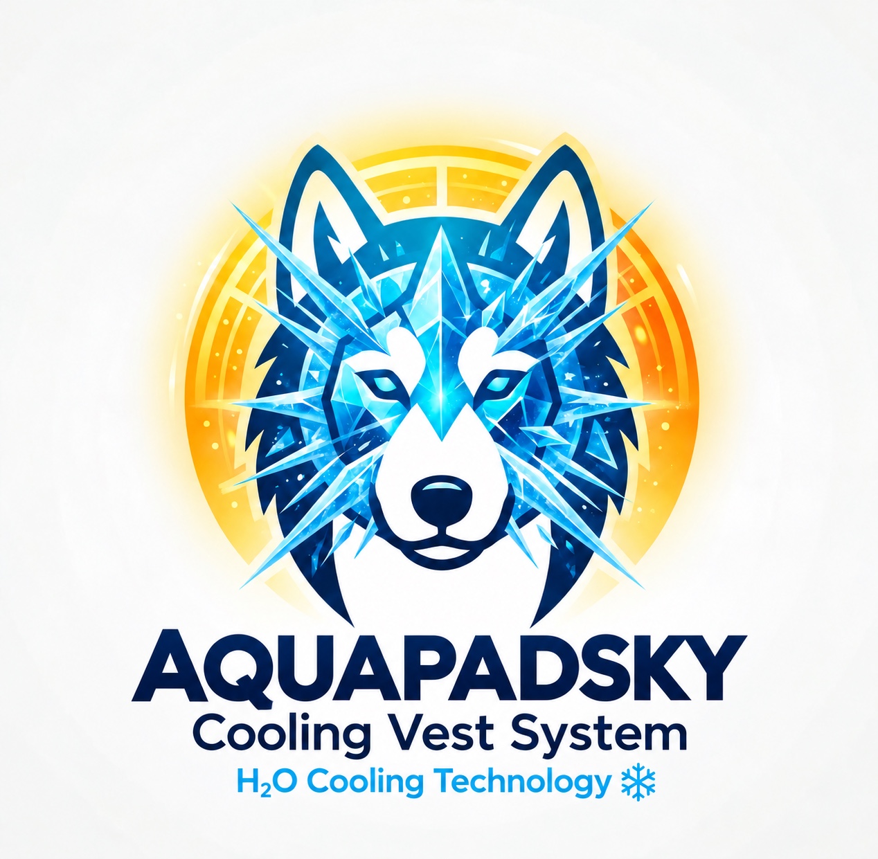Aquapadsky Cooling Vest System β HβO Cooling Technology. An icy blue husky against a golden sun.