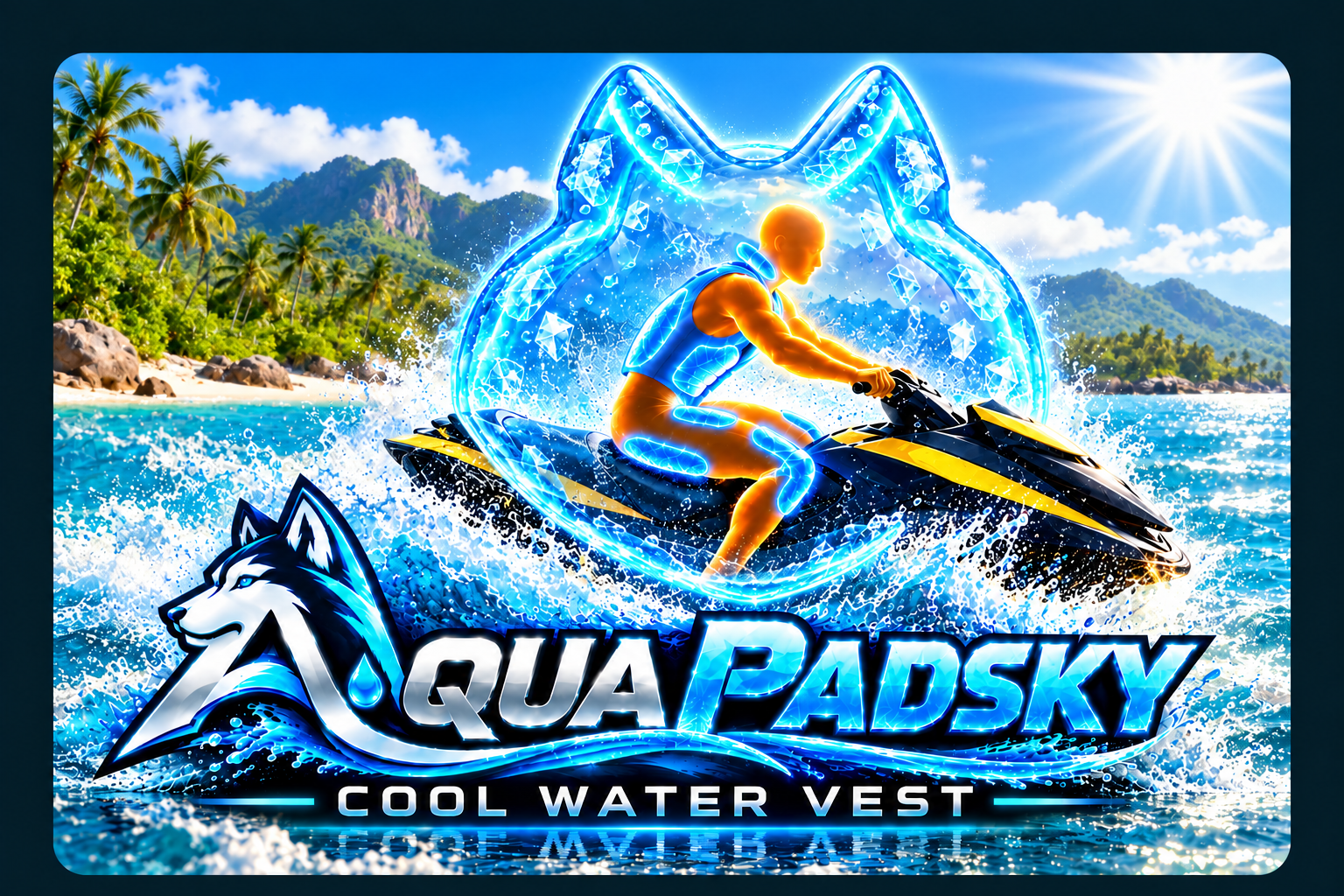 Aquapadsky concept illustration: a jetski rider surrounded by a glowing blue husky-shaped dome on a tropical blue ocean, with a palm-covered island and sunshine.